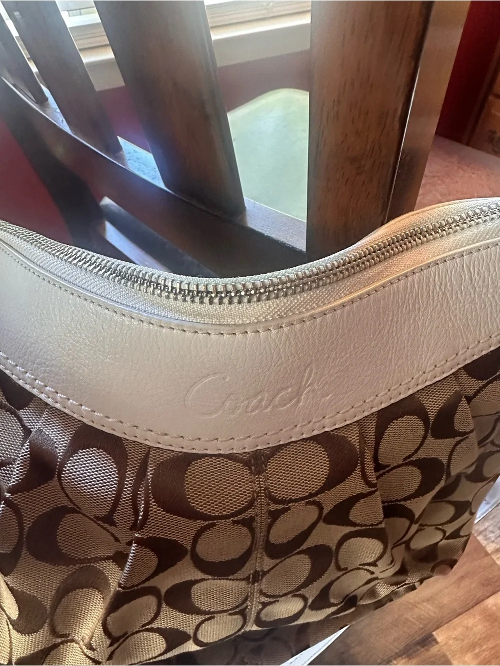 Coach Brown Signature Canvas Shoulder Bag with White Trim - Picture 5 of 12